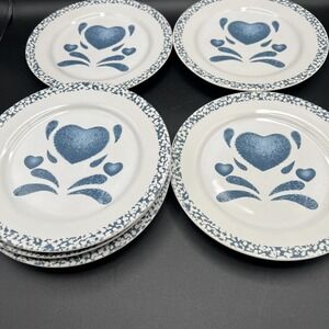 6 Jay Import Blue Hearts Sponge Bread Salad Dessert Plates 7 3/4" Country